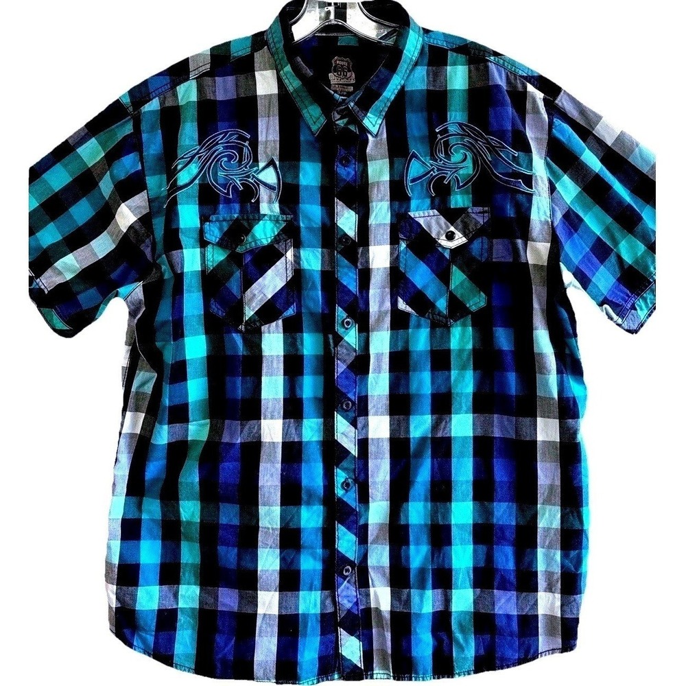 VTG Route 66 Y2K Mens XL Plaid Button Down Shirt Tribal Embroidered  Blue Green